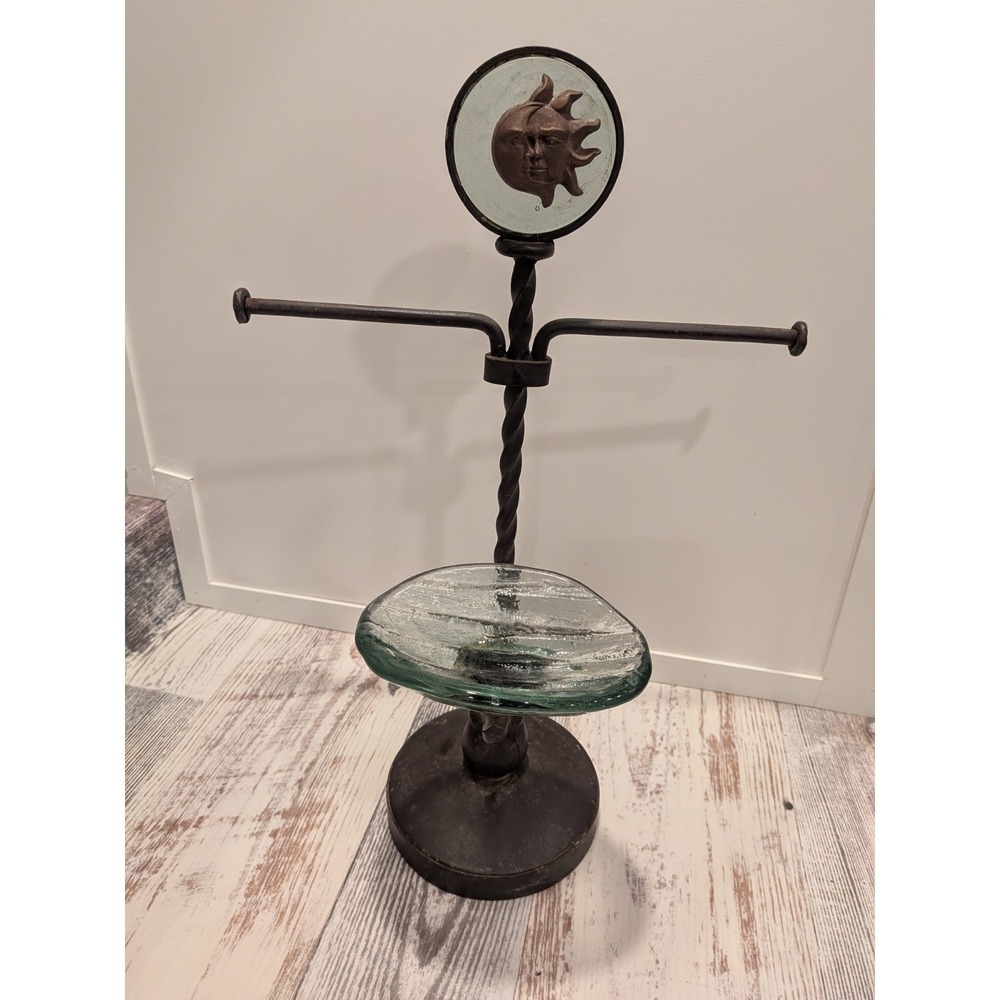 Rustic Countertop Forged Iron Hand Towel Holder Glass Soap Dish Sun Moon Emblem